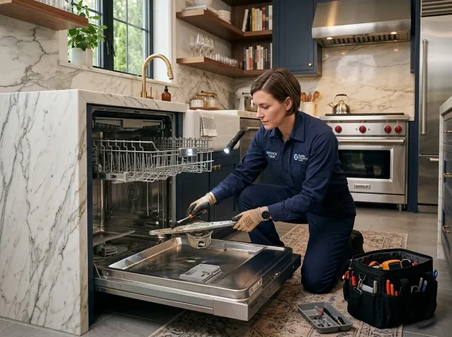 Appliance Repair Hero technician servicing a built-in dishwasher in a Blythe, CA kitchen