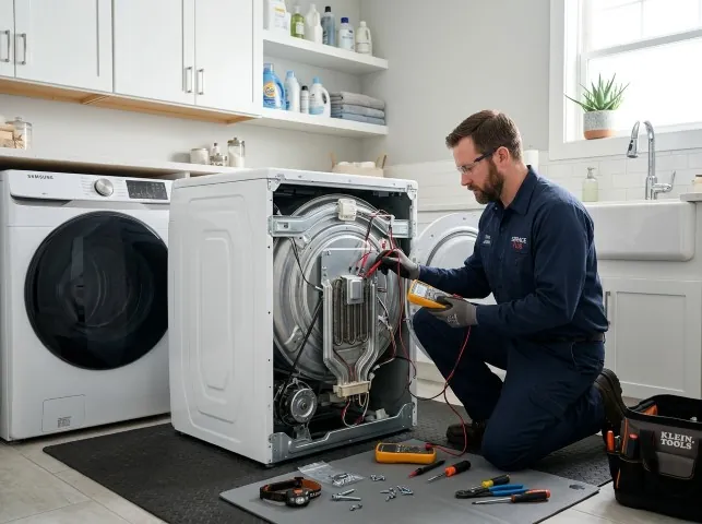 Appliance Repair Hero technician checking a dryer heating element with the rear panel off in Blythe, CA