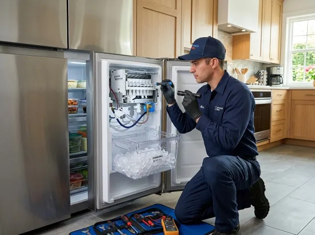 Appliance Repair Hero technician repairing a refrigerator ice maker in Blythe, CA