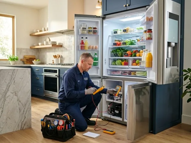 Appliance Repair Hero refrigerator technician testing a fridge on a Blythe, CA service call